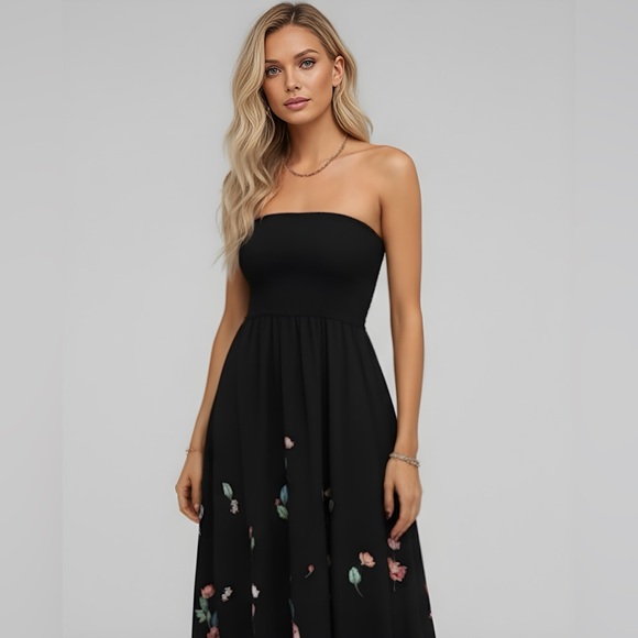 Black Floral Print A- Line Tube Dress - Picture 7 of 12